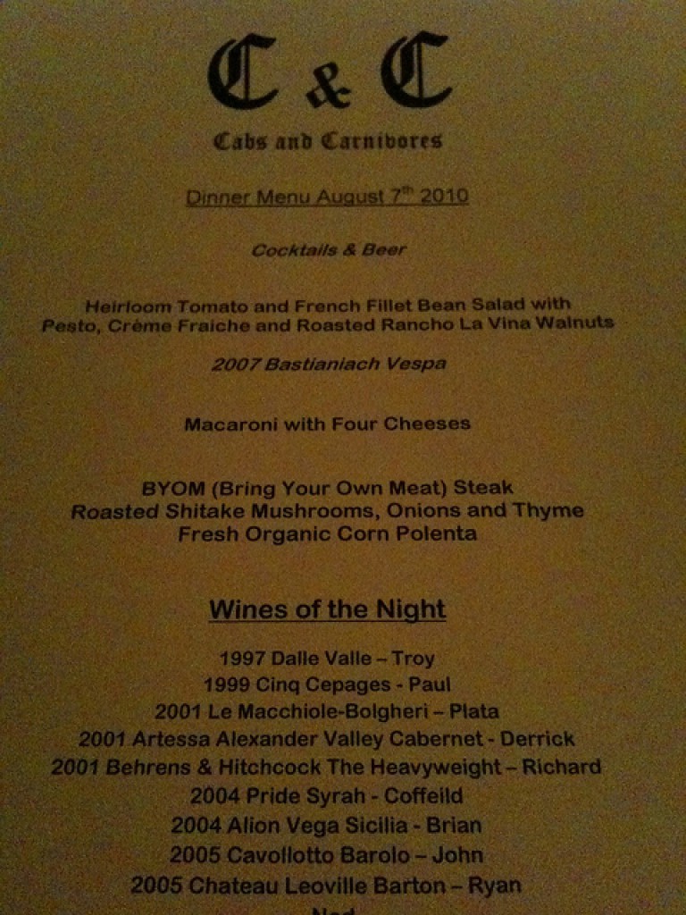 the menu from cabs and carnivores. my wine, not listed, is a '96 behringer special reserve cab.